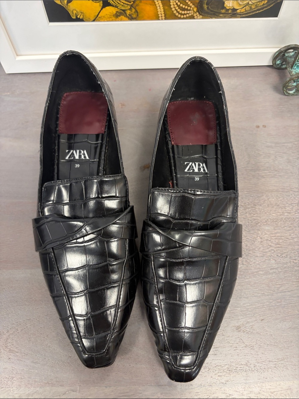 ZARA Black Croc-Embossed Slip-On Loafers with cute square kitten heel